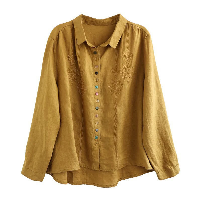 Spring Embroidery Long Sleeve Colorful Button Label Cotton Linen Women's Shirt