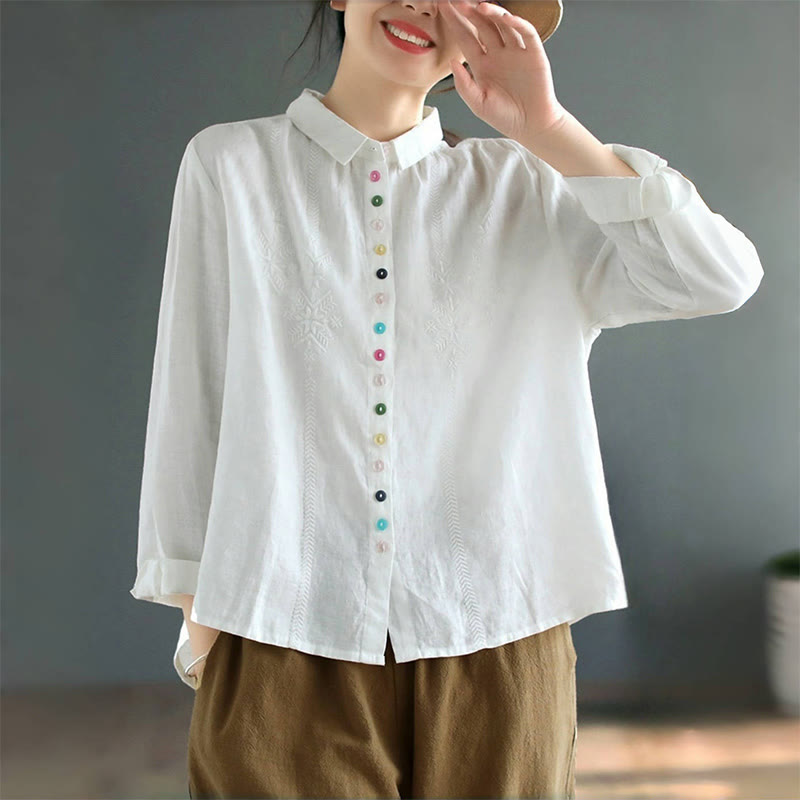 Spring Embroidery Long Sleeve Colorful Button Label Cotton Linen Women's Shirt