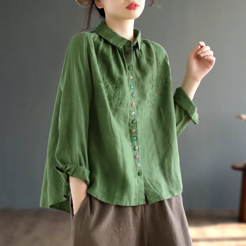 Spring Embroidery Long Sleeve Colorful Button Label Cotton Linen Women's Shirt