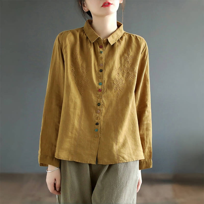 Spring Embroidery Long Sleeve Colorful Button Label Cotton Linen Women's Shirt