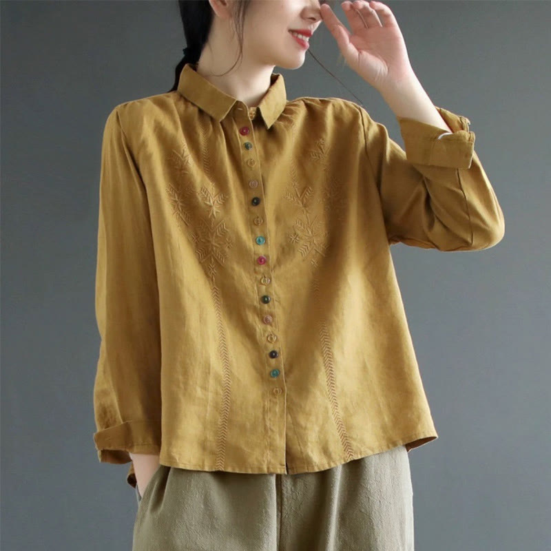Spring Embroidery Long Sleeve Colorful Button Label Cotton Linen Women's Shirt