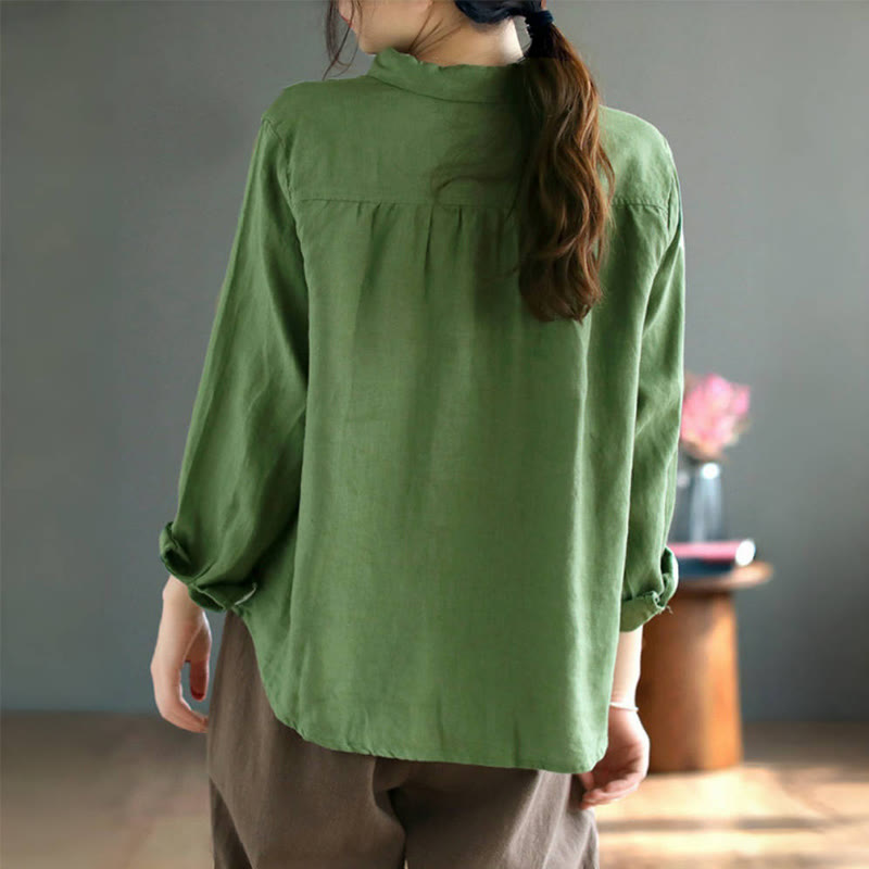 Spring Embroidery Long Sleeve Colorful Button Label Cotton Linen Women's Shirt