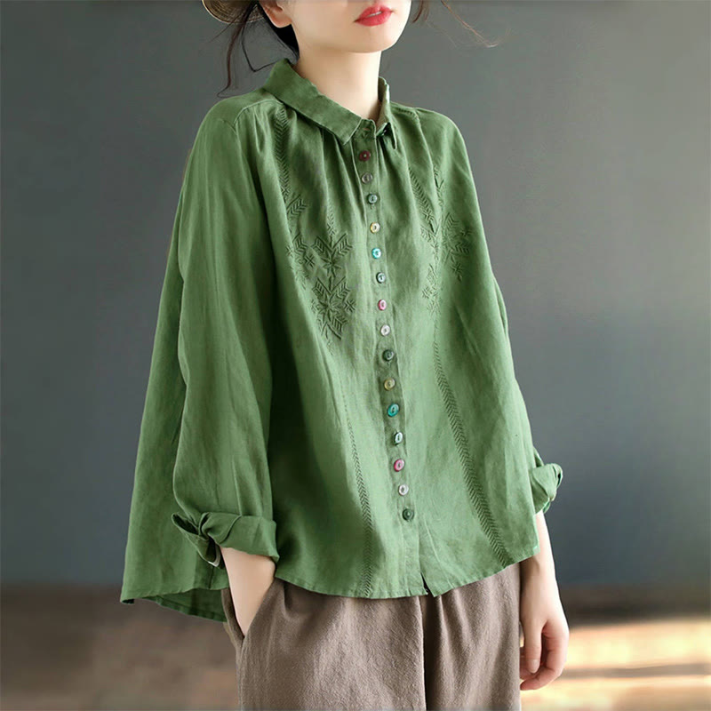 Spring Embroidery Long Sleeve Colorful Button Label Cotton Linen Women's Shirt