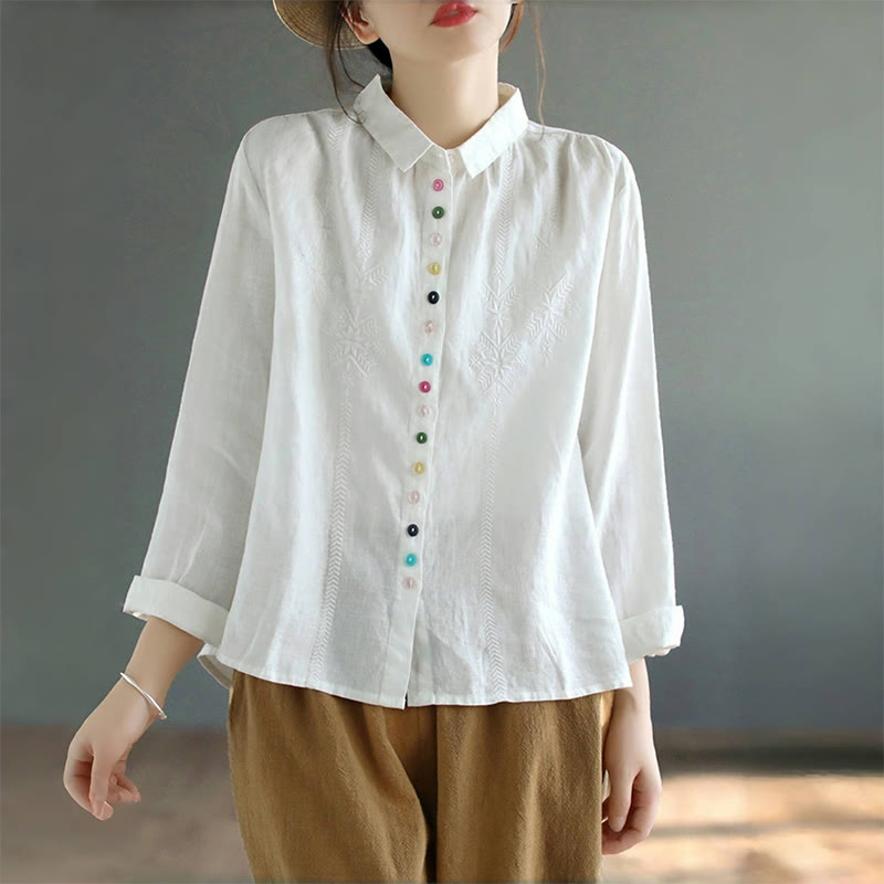 Spring Embroidery Long Sleeve Colorful Button Label Cotton Linen Women's Shirt