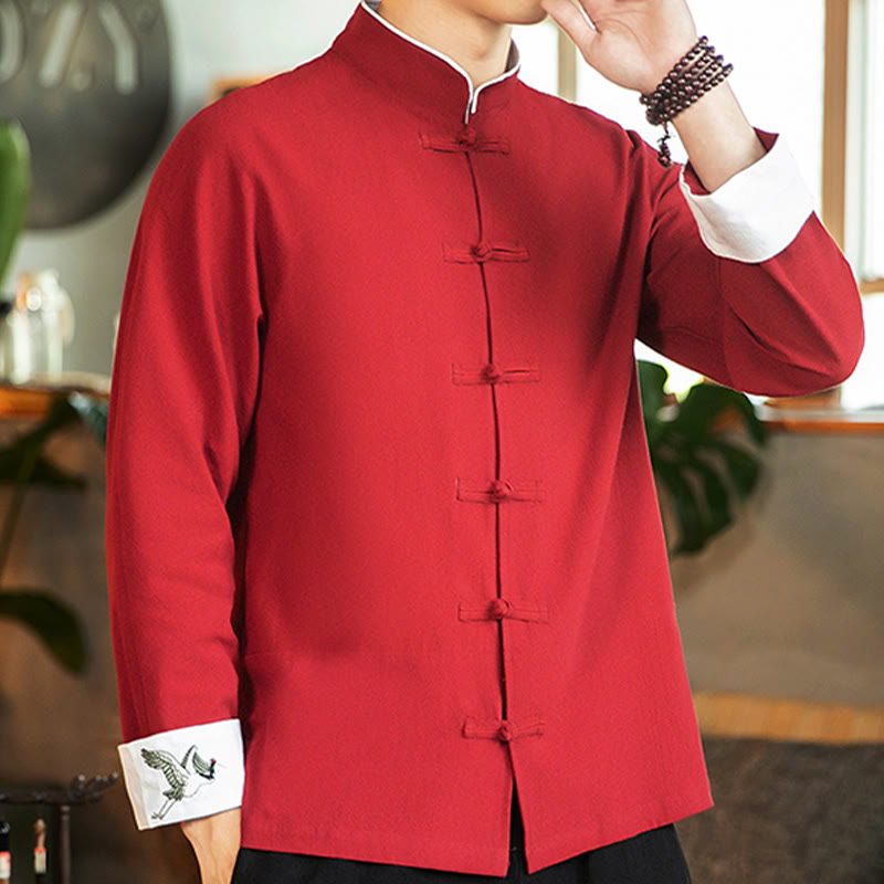 Tang Suit Frog-Button Crane Embroidery Long Sleeve Cotton Men's Shirt