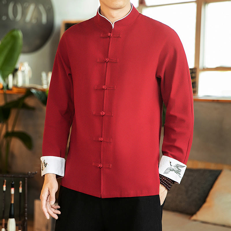 Tang Suit Frog-Button Crane Embroidery Long Sleeve Cotton Men's Shirt