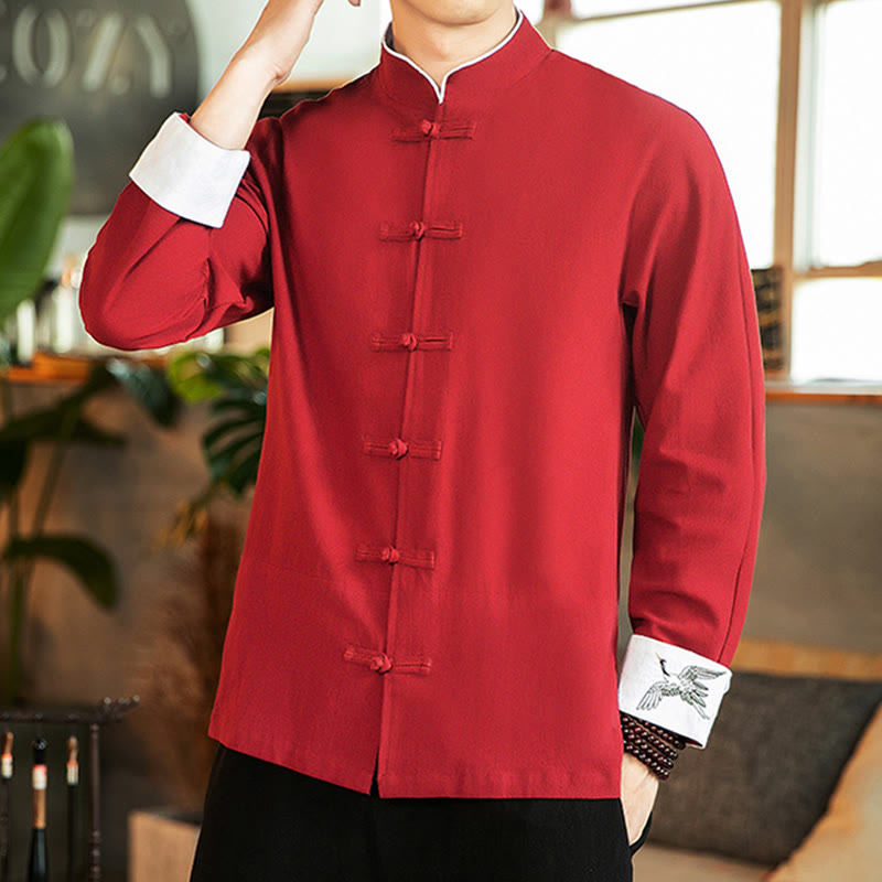 Tang Suit Frog-Button Crane Embroidery Long Sleeve Cotton Men's Shirt