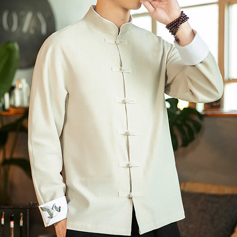 Tang Suit Frog-Button Crane Embroidery Long Sleeve Cotton Men's Shirt
