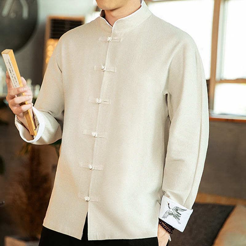 Tang Suit Frog-Button Crane Embroidery Long Sleeve Cotton Men's Shirt