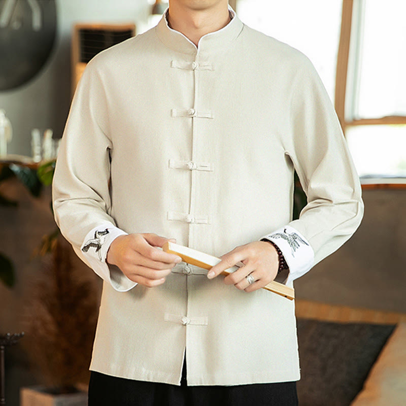 Tang Suit Frog-Button Crane Embroidery Long Sleeve Cotton Men's Shirt