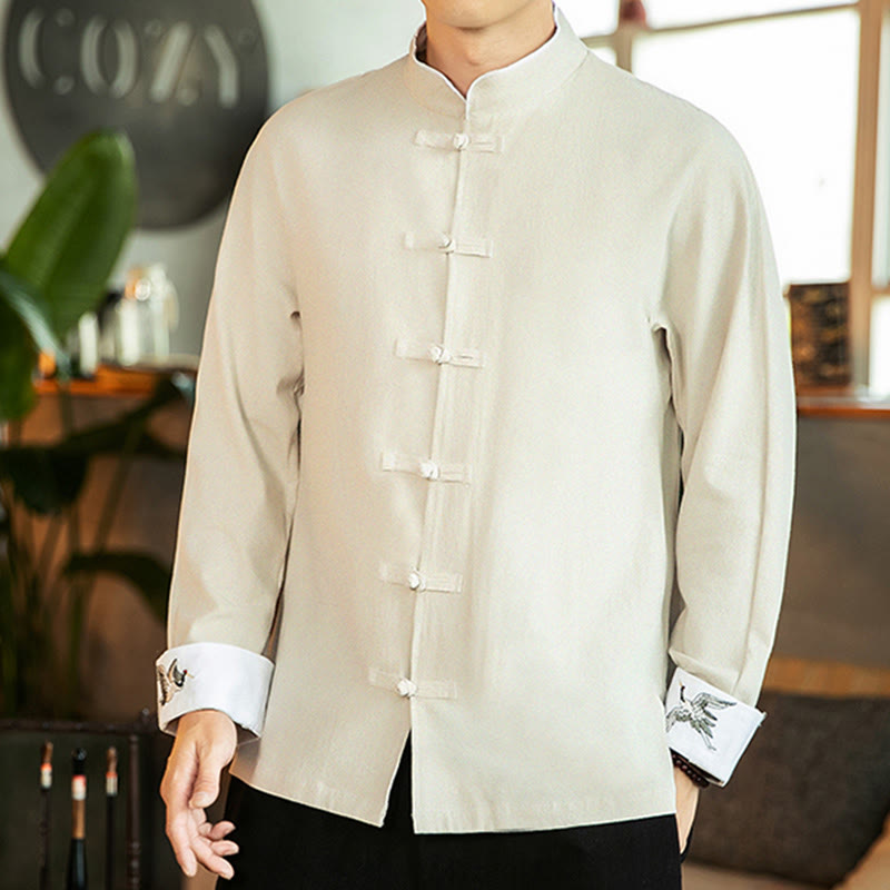 Tang Suit Frog-Button Crane Embroidery Long Sleeve Cotton Men's Shirt