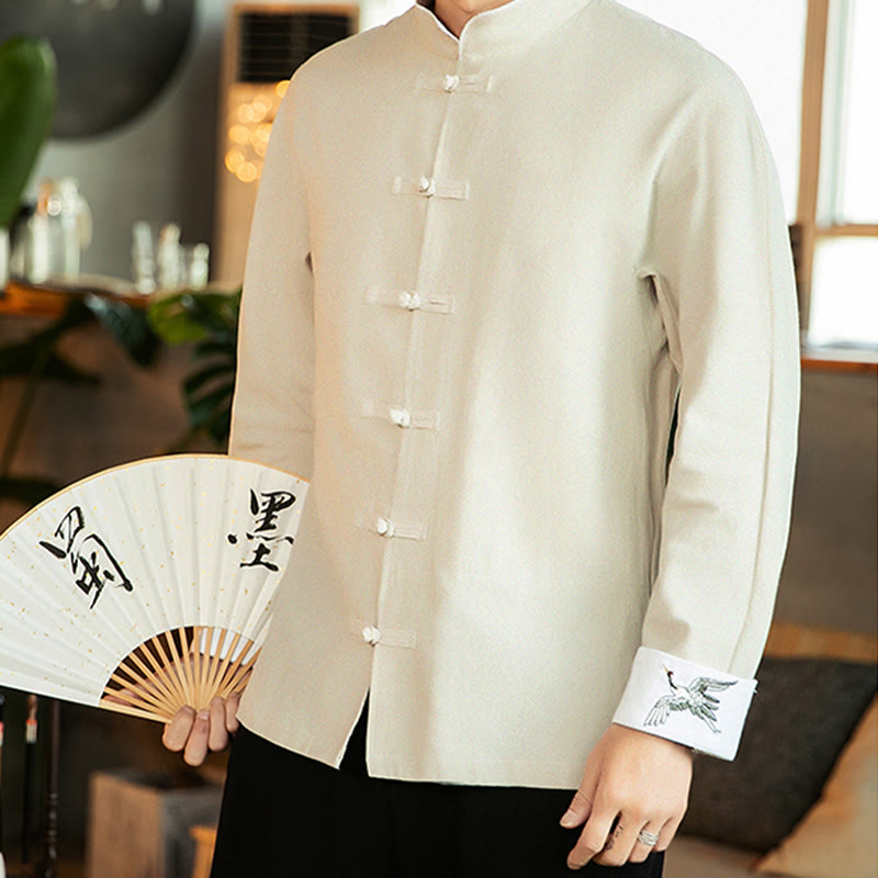 Tang Suit Frog-Button Crane Embroidery Long Sleeve Cotton Men's Shirt