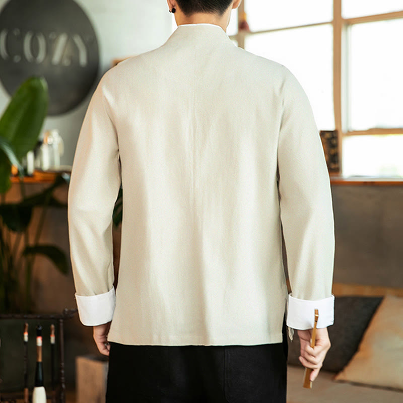 Tang Suit Frog-Button Crane Embroidery Long Sleeve Cotton Men's Shirt
