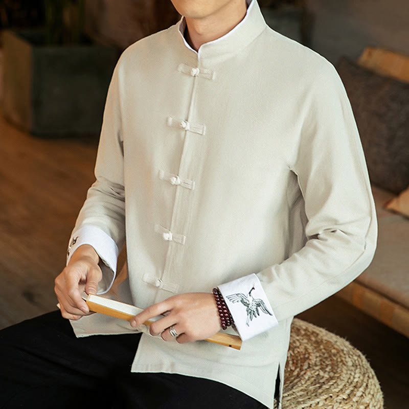 Tang Suit Frog-Button Crane Embroidery Long Sleeve Cotton Men's Shirt