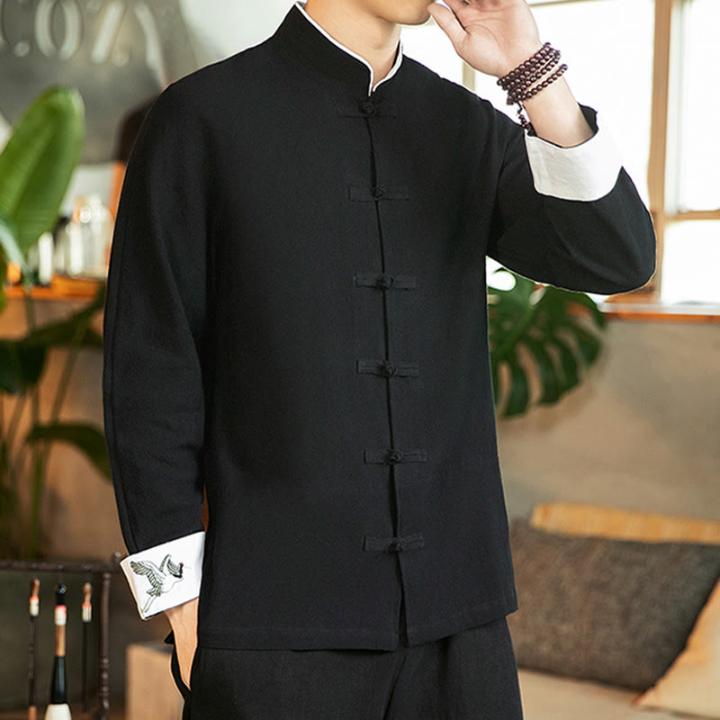 Tang Suit Frog-Button Crane Embroidery Long Sleeve Cotton Men's Shirt