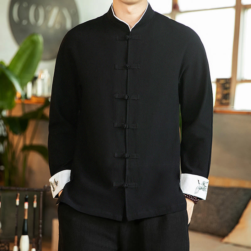 Tang Suit Frog-Button Crane Embroidery Long Sleeve Cotton Men's Shirt