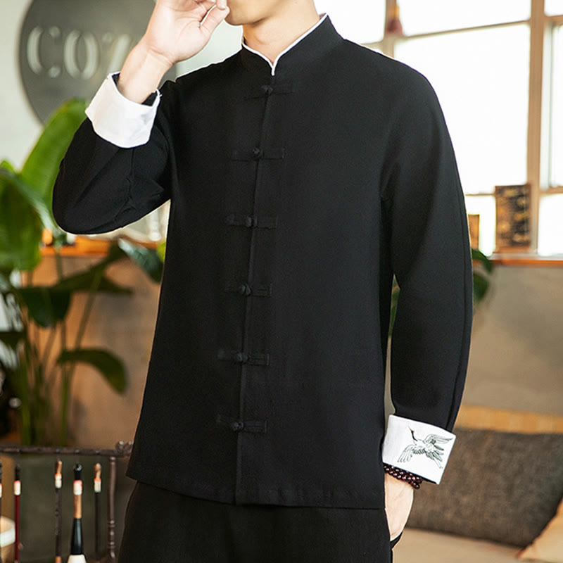 Tang Suit Frog-Button Crane Embroidery Long Sleeve Cotton Men's Shirt