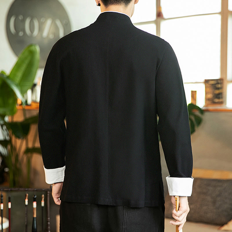 Tang Suit Frog-Button Crane Embroidery Long Sleeve Cotton Men's Shirt