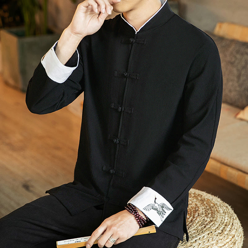 Tang Suit Frog-Button Crane Embroidery Long Sleeve Cotton Men's Shirt