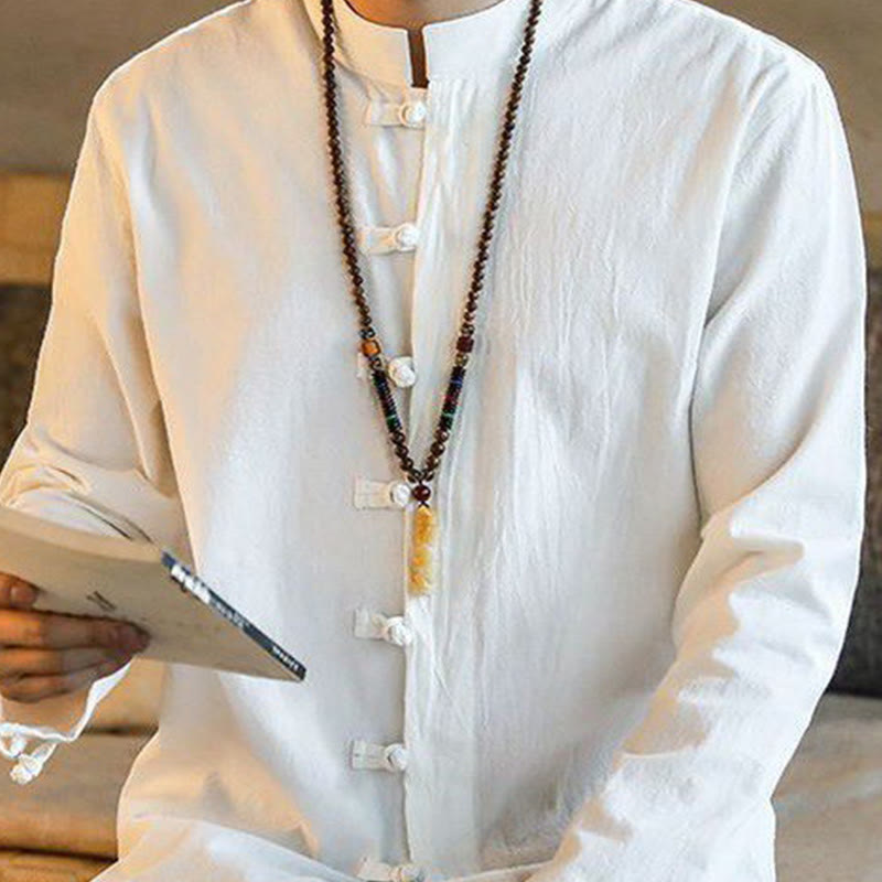 Casual Stand Collar Frog-Button Long Sleeve Tang Suit Linen Men's Shirt