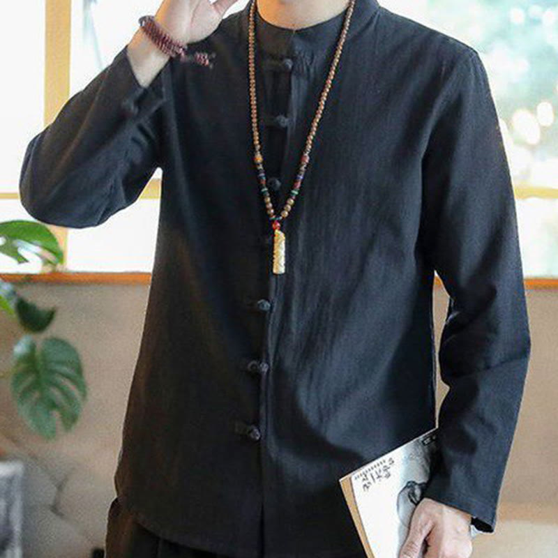 Casual Stand Collar Frog-Button Long Sleeve Tang Suit Linen Men's Shirt