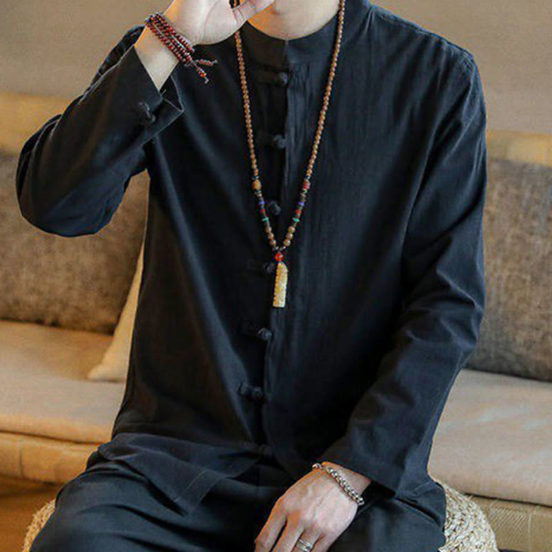 Casual Stand Collar Frog-Button Long Sleeve Tang Suit Linen Men's Shirt