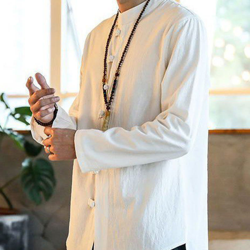 Casual Stand Collar Frog-Button Long Sleeve Tang Suit Linen Men's Shirt