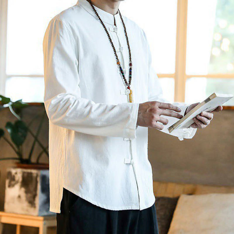 Casual Stand Collar Frog-Button Long Sleeve Tang Suit Linen Men's Shirt