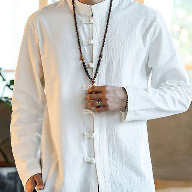 Casual Stand Collar Frog-Button Long Sleeve Tang Suit Linen Men's Shirt