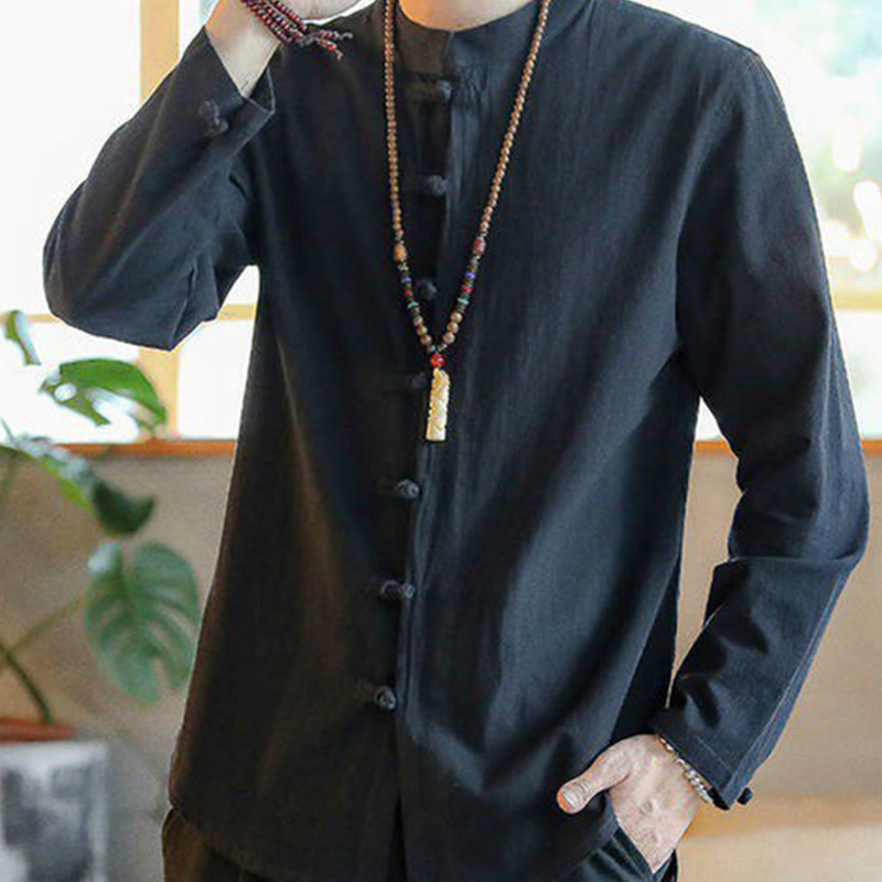 Casual Stand Collar Frog-Button Long Sleeve Tang Suit Linen Men's Shirt
