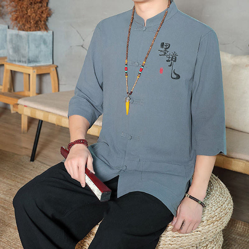 Cotton Linen Stand Collar Frog Button Meditation Shirt
