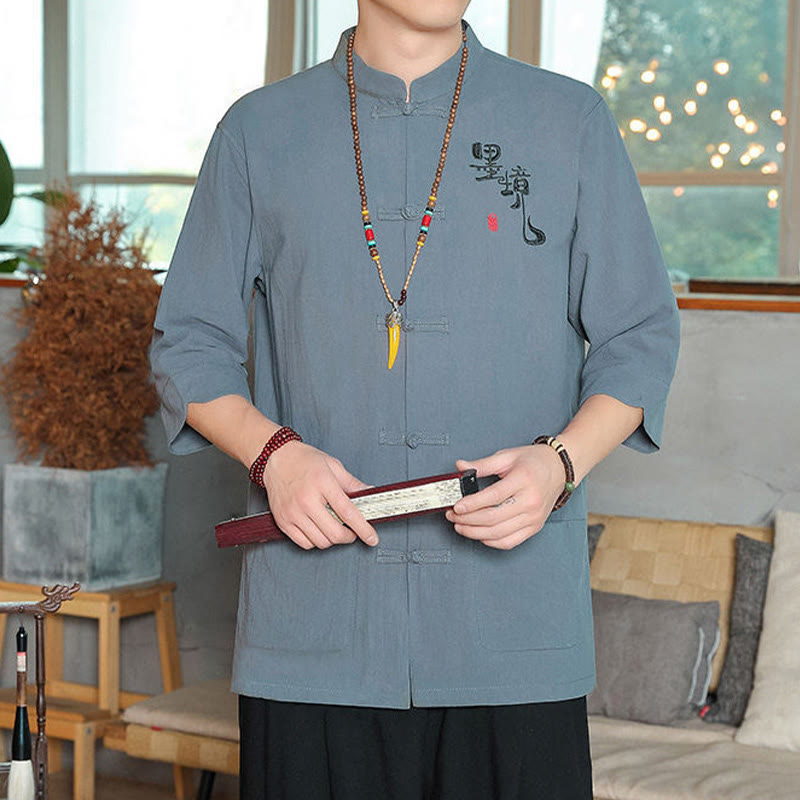 Cotton Linen Stand Collar Frog Button Meditation Shirt