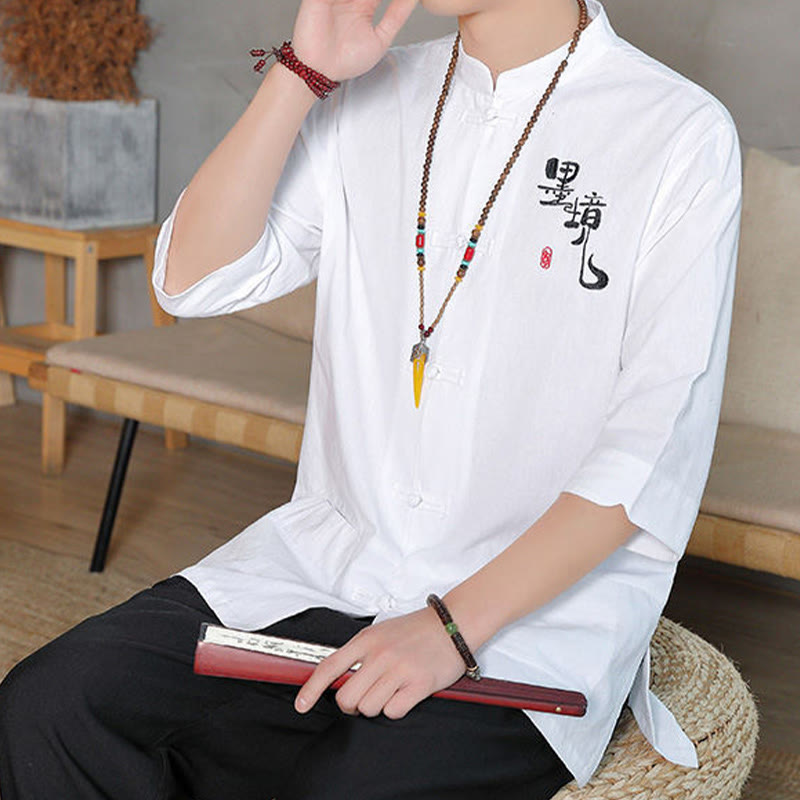Cotton Linen Stand Collar Frog Button Meditation Shirt