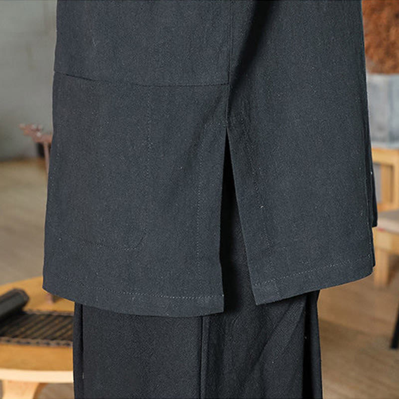 Cotton Linen Stand Collar Frog Button Meditation Shirt