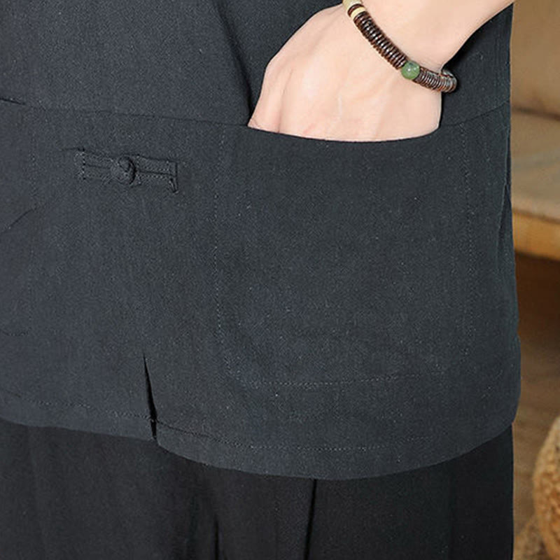 Cotton Linen Stand Collar Frog Button Meditation Shirt
