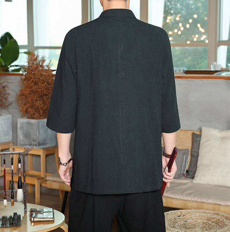 Cotton Linen Stand Collar Frog Button Meditation Shirt