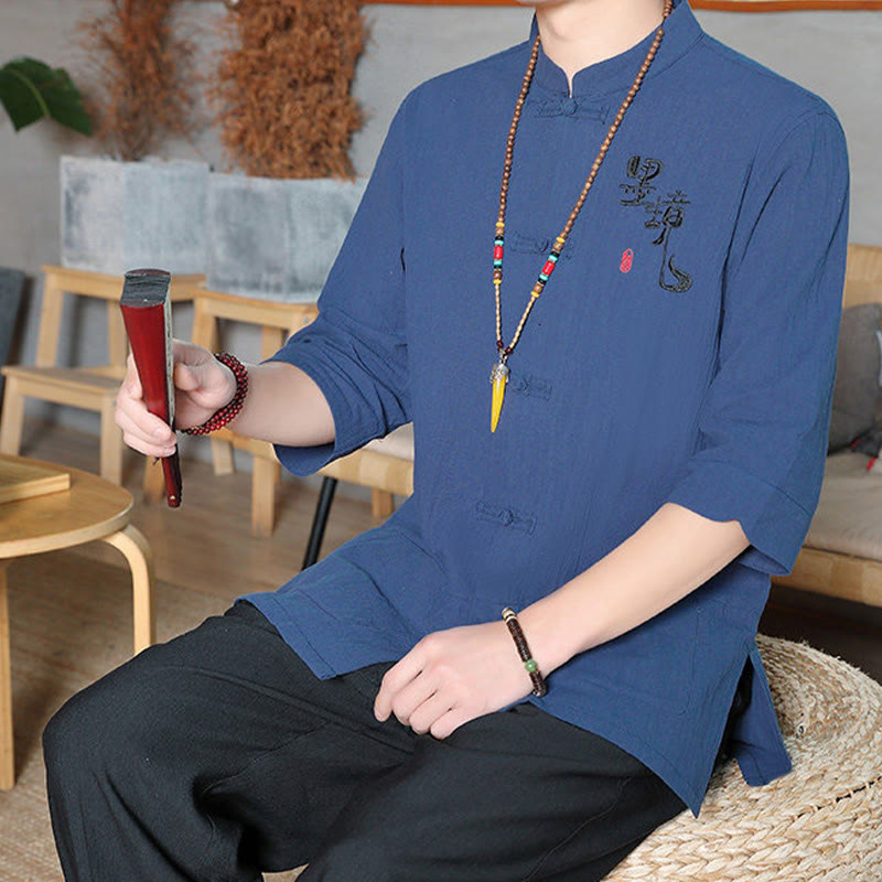 Cotton Linen Stand Collar Frog Button Meditation Shirt