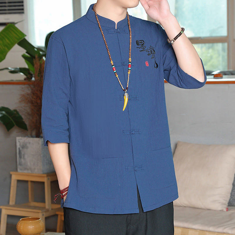 Cotton Linen Stand Collar Frog Button Meditation Shirt