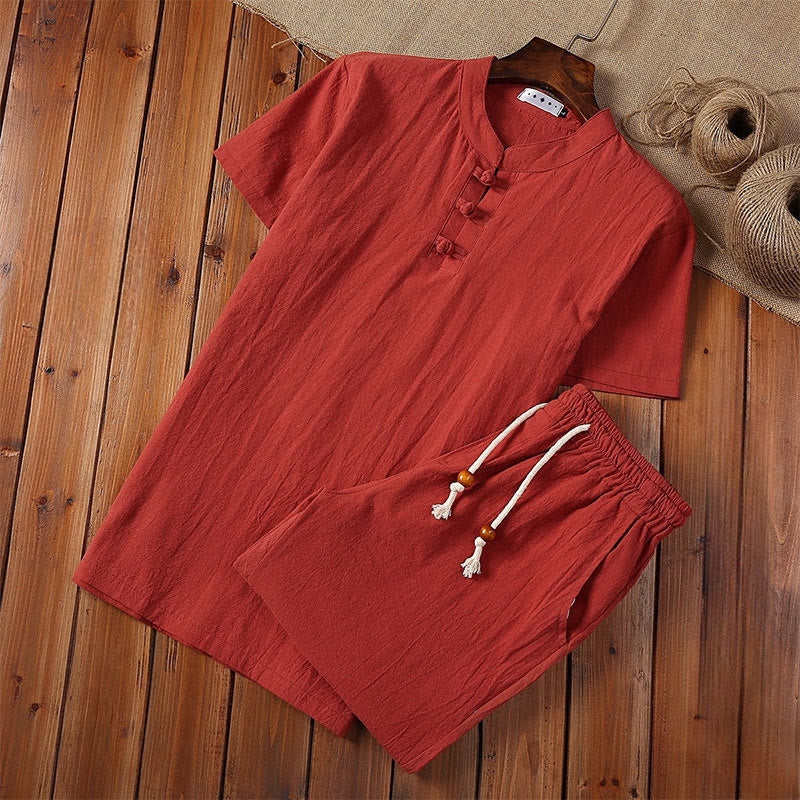 2Pcs Solid Color Frog-Button Tang Suit Cotton Linen Short Sleeve Pants Clothing Men's Set