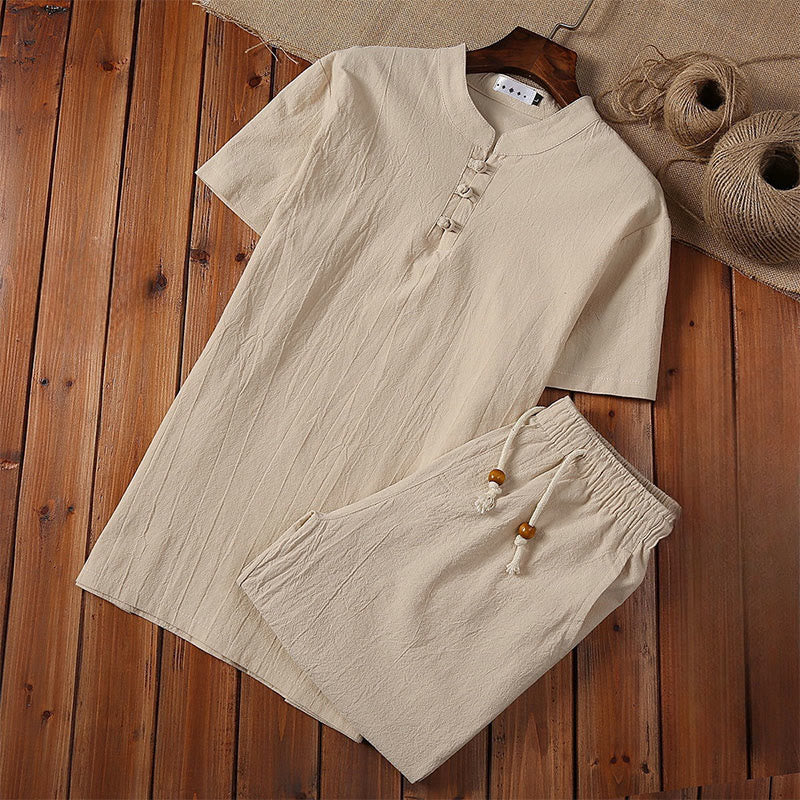 2Pcs Solid Color Frog-Button Tang Suit Cotton Linen Short Sleeve Pants Clothing Men's Set