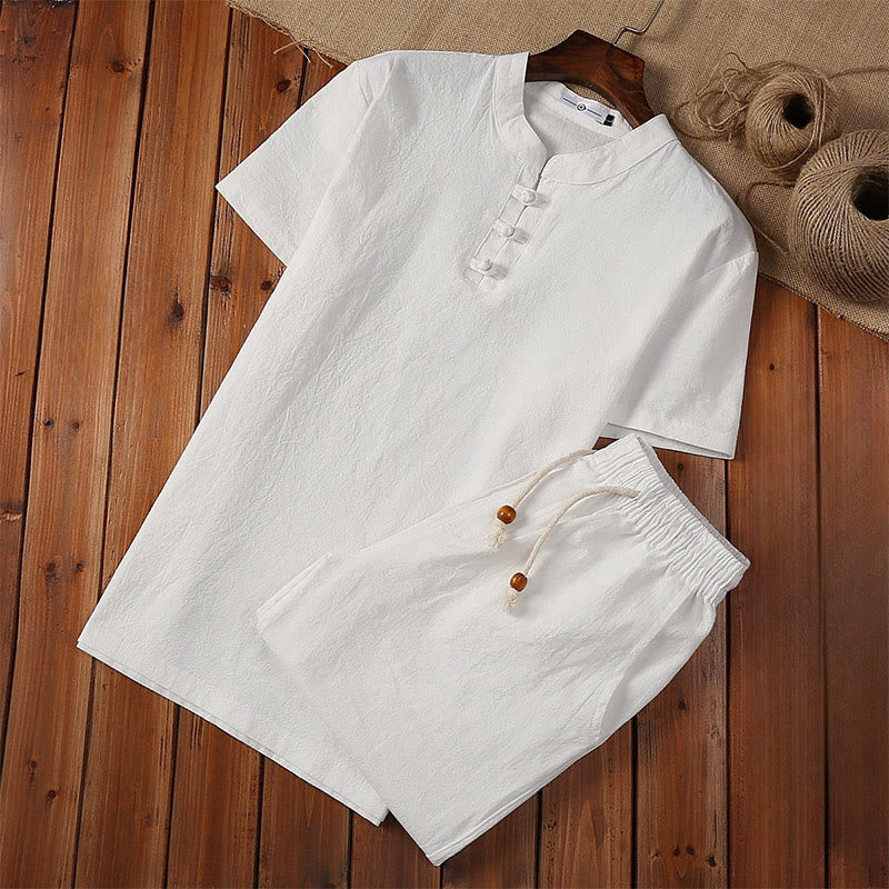 2Pcs Solid Color Frog-Button Tang Suit Cotton Linen Short Sleeve Pants Clothing Men's Set