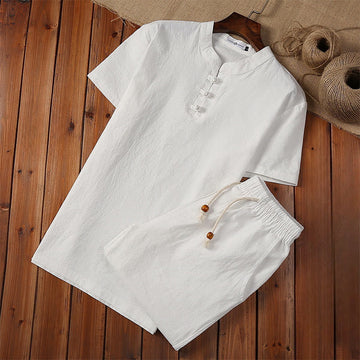 2Pcs Solid Color Frog-Button Tang Suit Cotton Linen Short Sleeve Pants Clothing Men's Set