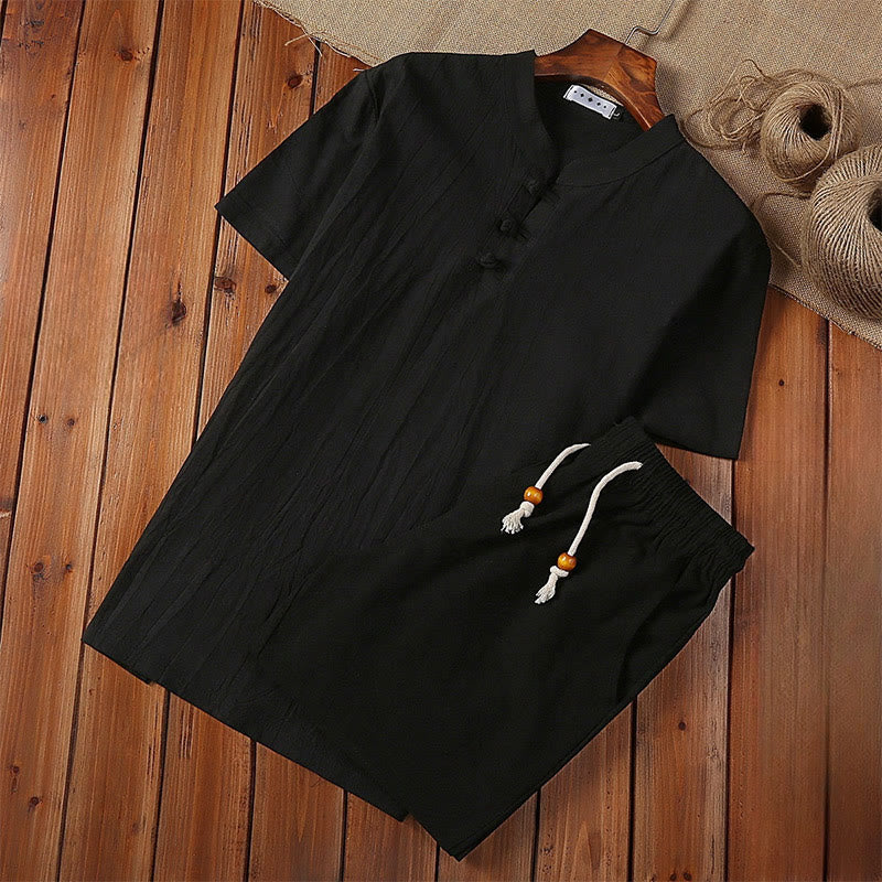 2Pcs Solid Color Frog-Button Tang Suit Cotton Linen Short Sleeve Pants Clothing Men's Set
