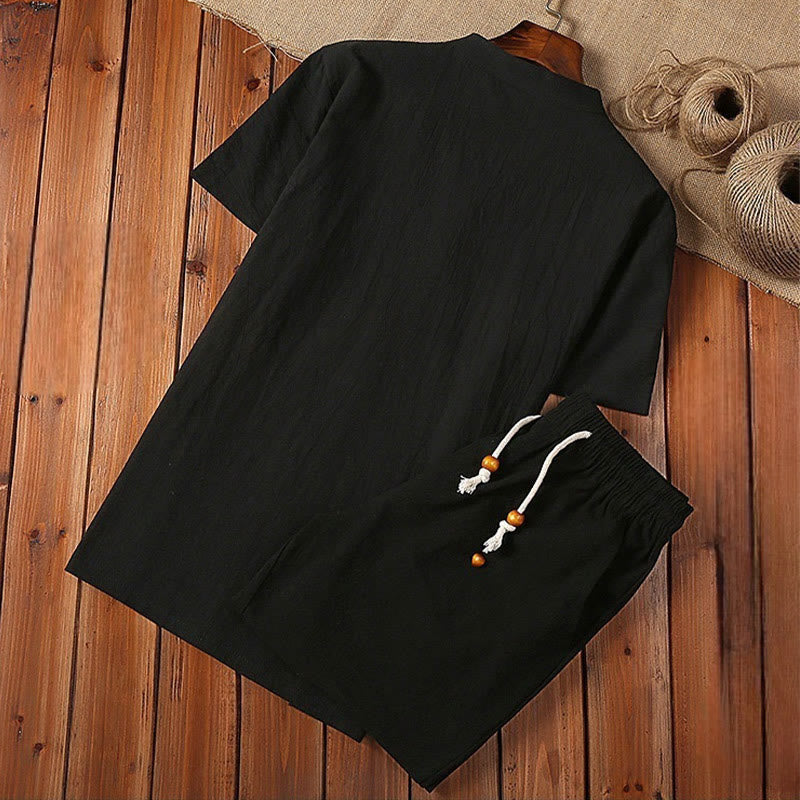 2Pcs Solid Color Frog-Button Tang Suit Cotton Linen Short Sleeve Pants Clothing Men's Set
