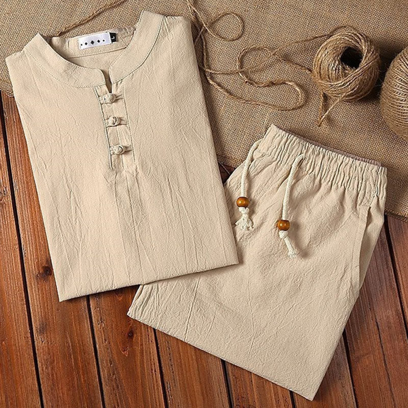2Pcs Solid Color Frog-Button Tang Suit Cotton Linen Short Sleeve Pants Clothing Men's Set