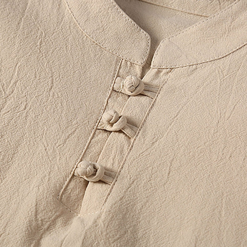2Pcs Solid Color Frog-Button Tang Suit Cotton Linen Short Sleeve Pants Clothing Men's Set