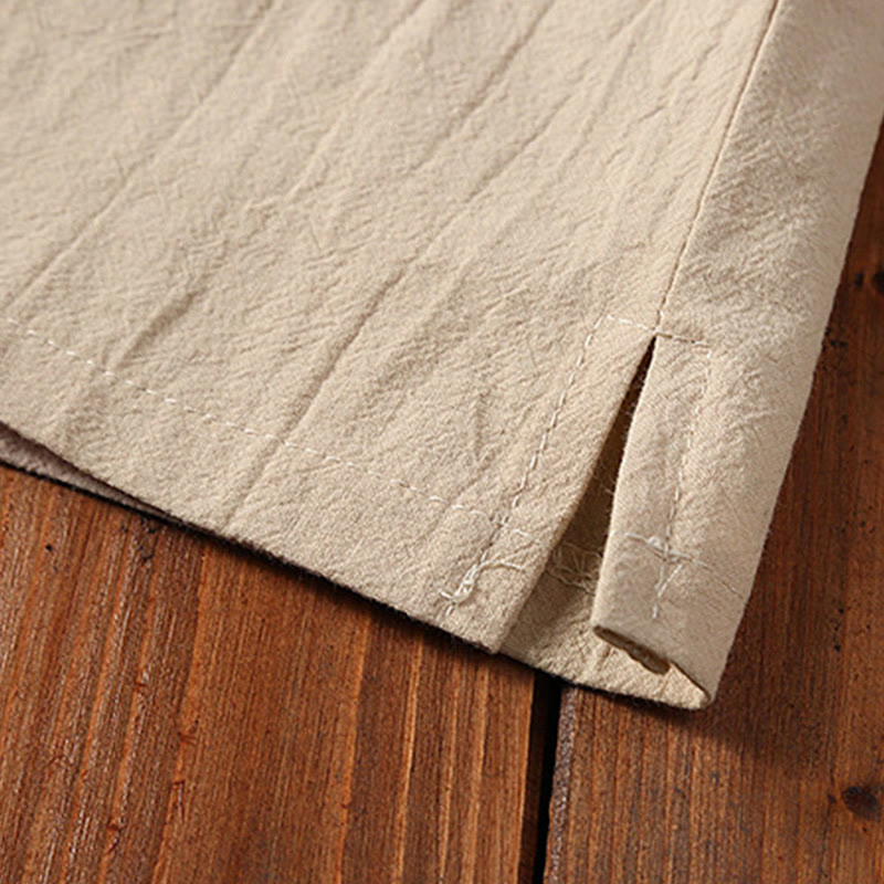 2Pcs Solid Color Frog-Button Tang Suit Cotton Linen Short Sleeve Pants Clothing Men's Set