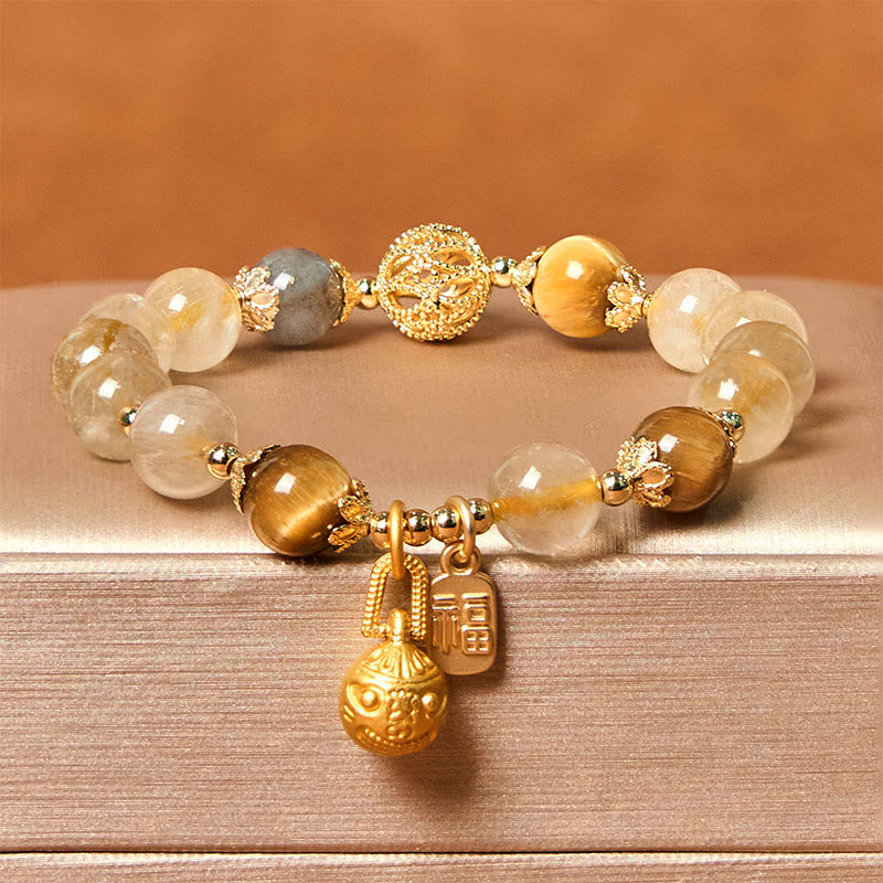 Natural Rutilated Quartz Fu Character Metal Swallowing Beast Auspiciousness Bracelet