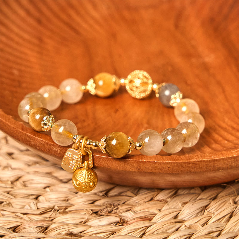 Natural Rutilated Quartz Fu Character Metal Swallowing Beast Auspiciousness Bracelet