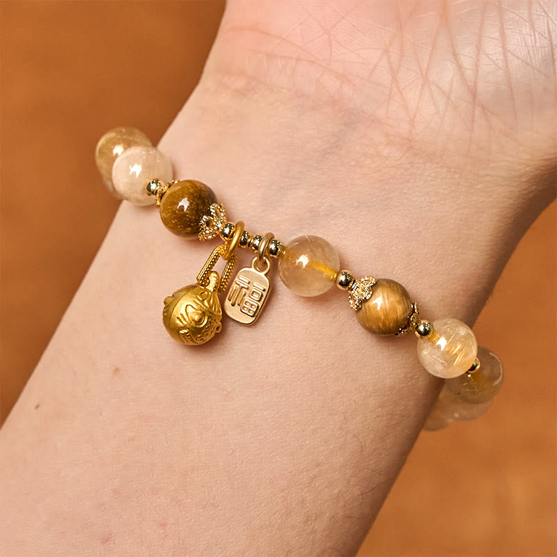 Natural Rutilated Quartz Fu Character Metal Swallowing Beast Auspiciousness Bracelet